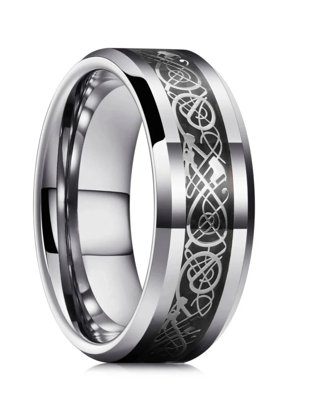 Silver Tungsten Black Dragon Carbon Fiber Inlay 8mm Wide Beveled Edge Band Ring